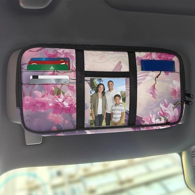 Hummingbird Car Sun Visor Organizer, Zipper Visor Organizer Storage Pouch, Card Holder, Adjustable Elastic Bands for Most Vehicles, Suvs & Trucks Scratch-Resistant Auto Interior Accessories