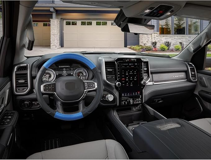 West Llama Customized Auto Car Steering Wheel Cover with 3D Texture for Dodge RAM 1500 2500 3500, 15.5-16 inch (Black+Blue-La