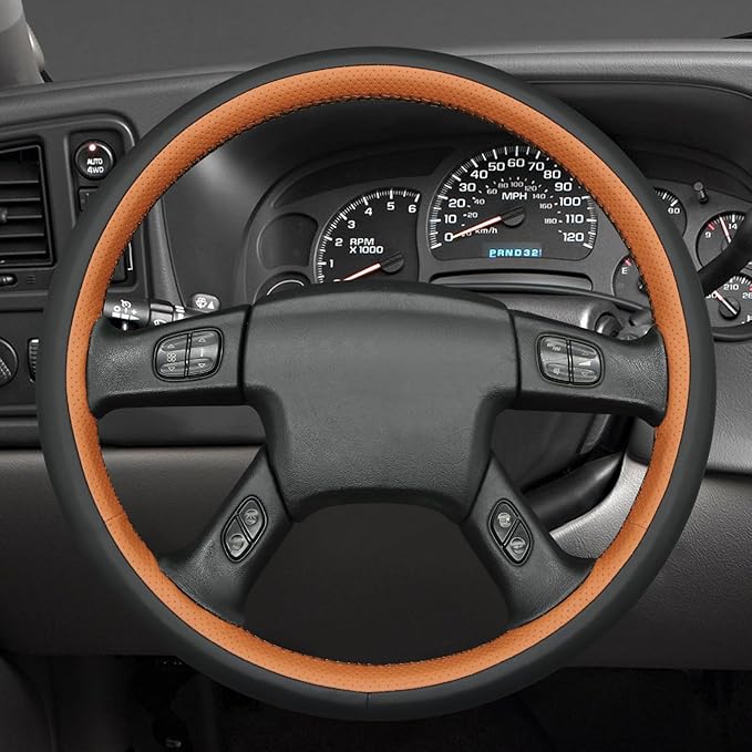 MEWANT Hand-Stitched Steering Wheel Cover for Chevy Silverado 1500 2003-2006 Trailblazer Black Brown Faux Leather Wrap