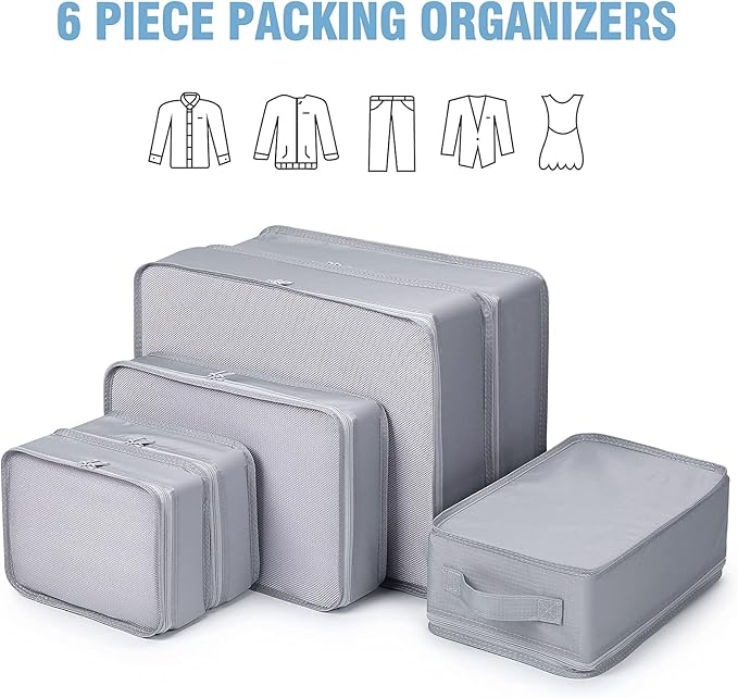 Mossio 6 Set Packing Cubes with Shoe Bag - Lightweight Travel Luggage Suitcase Organizers