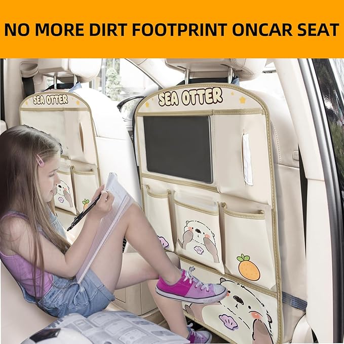 kids Leather Car Backseat Organizer with Foldable Table Tray, Car Storage Organizer with Tablet Holder, Car Seat Back Protectors Kick Mats, Travel Accessories (SEA OTTER)