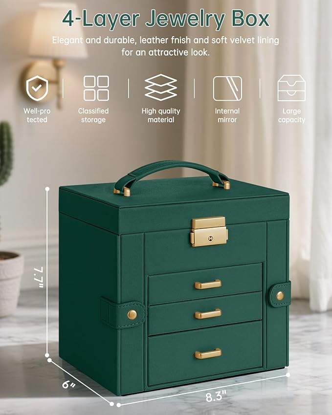 AKOZLIN 4-Tier Jewelry Box Leather Jewelry Storage Organizer with 3 Drawers Lockable for Women Girls Ring Necklace Earring Br