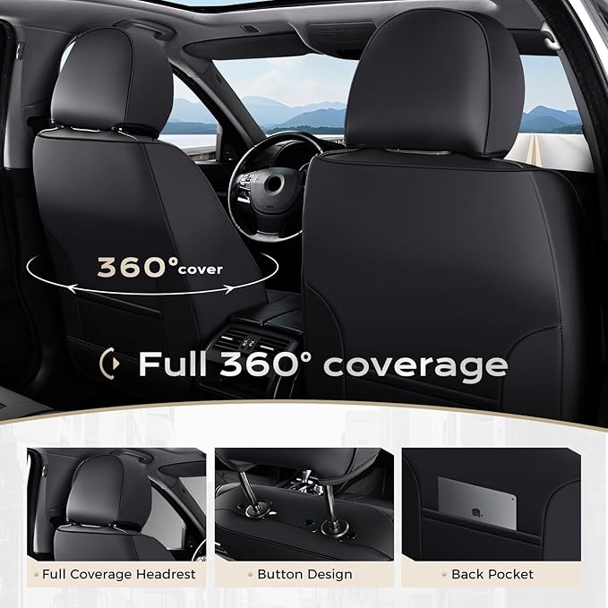 Coverado Car Seat Covers with Lumbar Support, Front Covers for Cars, Universal Automotive Seat Cover, Waterproof, Leather Car