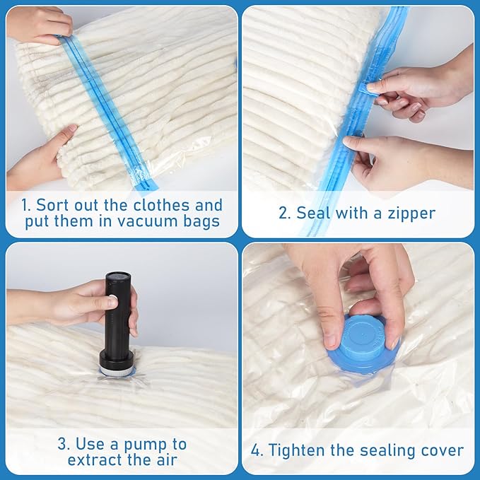 Vacuum Seal Bags for Clothing Travel with Rechargeable Air Pump, 12 Pack of 4 Carry-on Size Space Saver Vacuum Storage Bags, 