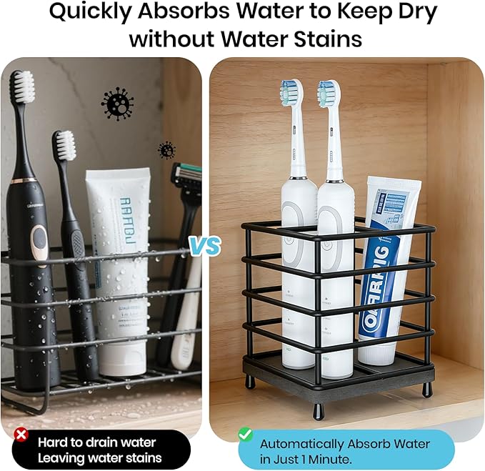 BOTEMY Toothbrush Holders with Quick Drying Mat—Black Toothbrush and Toothpaste Holder for Bathroom—Upgrade 3 Slots Openwork 