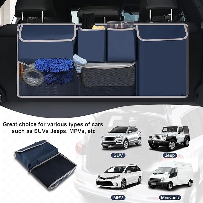 UYYE Trunk Hanging Organizer, Backseat Storage Bag, Collapsible Car Interior Accessories with 4 Pockets & 2 Mesh Pouches for