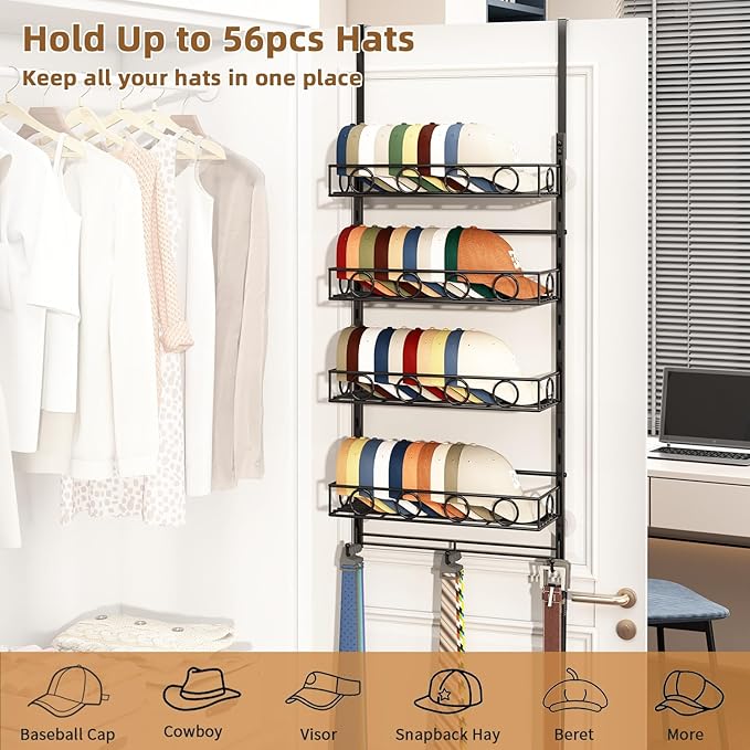 Over Door Hat Organizer 5 Tier Wall Mounted Hat Rack with 4 Adjustable Metal Basket and 3 Hooks Hat Organizer for Baseball ca