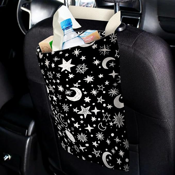 IRADA Car Trash Bag Hanging No Snap Small Garbage Bag for Car Back Seat Cute Printed One-Handed Strap Trash Bags Car Accessories-Moon and Star Black Car Trash Bags