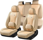 Coverado Car Seat Covers Full Set, Beige Seat Covers for Cars, Waterproof Nappa Leather Automotive Seat Covers with Lumbar He
