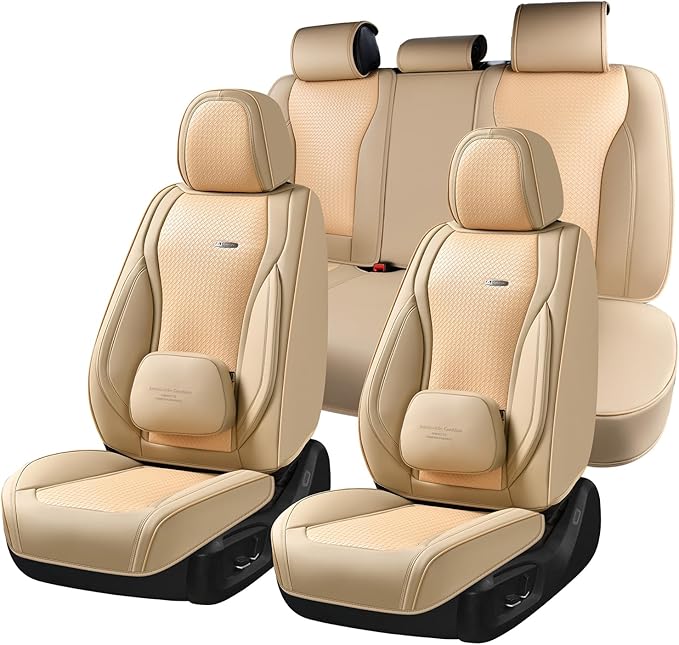 Coverado Car Seat Covers Full Set, Beige Seat Covers for Cars, Waterproof Nappa Leather Automotive Seat Covers with Lumbar He