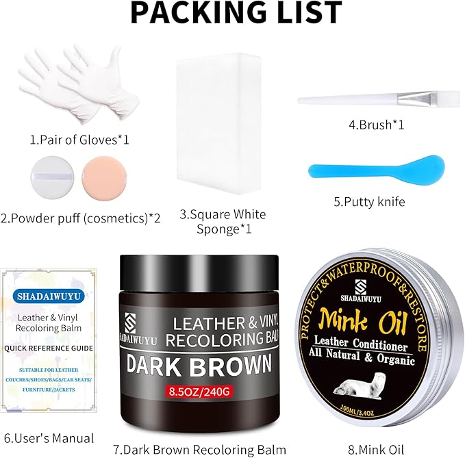 SHADAIWUYU 8.5oz Leather Recoloring Balm with 100ml Mink Oil,Dark Brown Leather Repair kit for Furniture and Car Interior,Lea