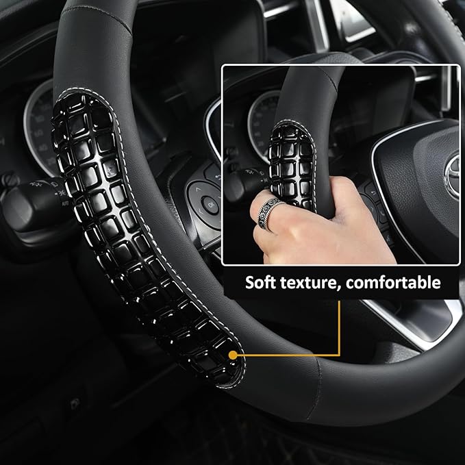 West Llama Nappa Leather Car Steering Wheel Cover Gel Massage,Cool in Summer,Universal 15 inch(Black-Standard Size)