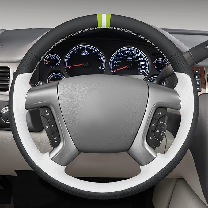 MEWANT Hand Stitch Steering Wheel Cover for Chevy Silverado 1500 Avalanche Black White Faux Leather Steering Wheel Wrap