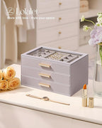 Lolalet Jewelry Box Organizer, 3-Layer Jewelry Organizers and Storage Case with Glass Lid, Ring Earring Bracelet Necklace Hol