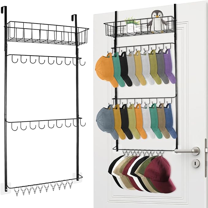 SelfTek Large Size Over the Door Hat Rack, Hat Storage Organizer for Baseball Caps for Closet & Door, Wall Mounted Hat Holder
