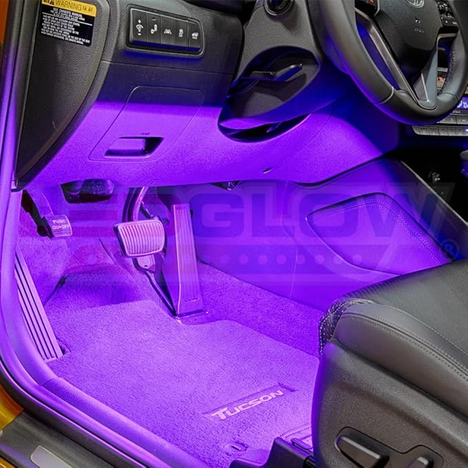 LEDGlow 4pc Purple LED Interior Footwell Underdash Neon Lighting Kit for Cars & Trucks - 7 Unique Patterns - Music Mode - 8 Brightness Levels - Auto Illumination - Includes Cigarette Power Adapter