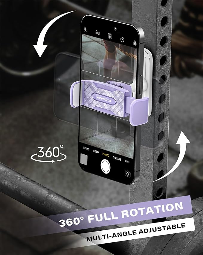 APPS2Car Gym Magnetic Phone Holder, 360 Adjustable, Compatible with 4.7-6.5" Smartphones, Alloy Base and Joint, Gym Accessories for Women, Purple