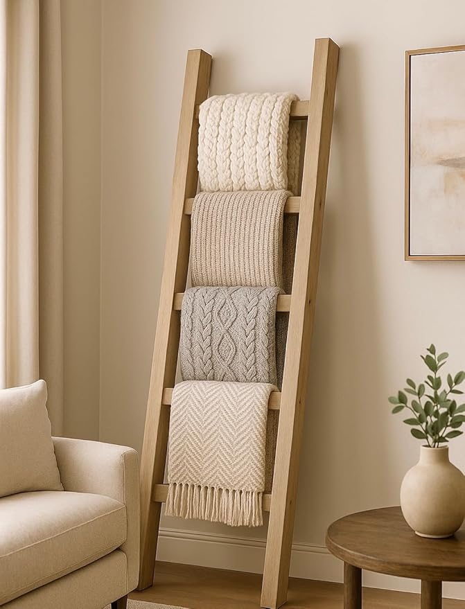 Rustic Blanket Ladder, 4 Feet Tall, 5 feet Tall, 6 feet Tall, Solid Wood, Multiple Stain Options (48 Inch Tall)