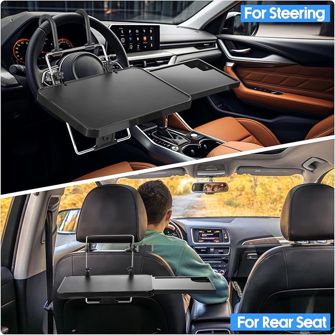 Large Car Steering Wheel Tray Back Seat Headrest Steering Wheel with Phone Holder Desk Food Table for Eating Food Drink and Writing Work, Car Desk Laptop Mount Gifts for Truck Driver(2 in 1)
