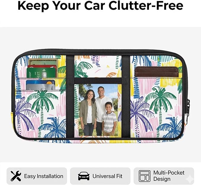 Car Sun Visor Storage Bag,Colorful Coconut Tree Truck Visor Organizer Card Sleeve Pocket Document Holder for Registration, Driving Licens