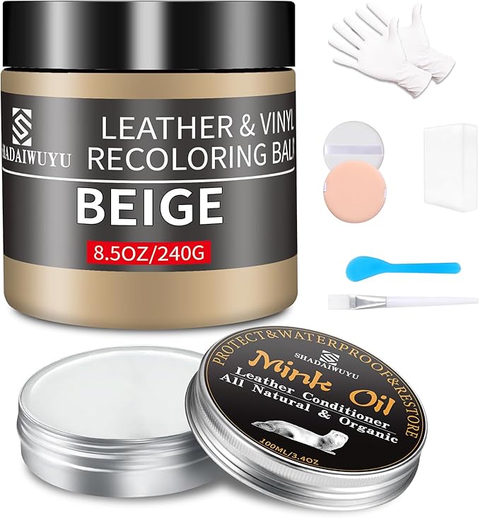 8.5oz Leather Recoloring Balm with 100ml Mink Oil,Beige Leather Repair kit for Furniture and Car Interior,Leather Couch Scrat