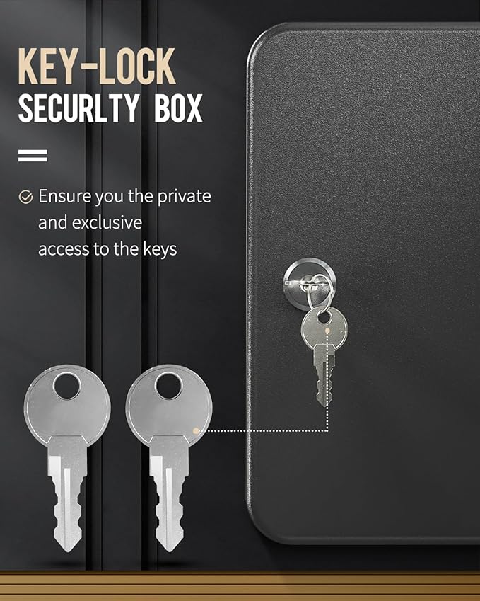 Uniclife 48-Key Steel Key Cabinet with 2 Unlocking Keys Wall Mounted Key Organizer Black Frosted Security Box with Hooks and 