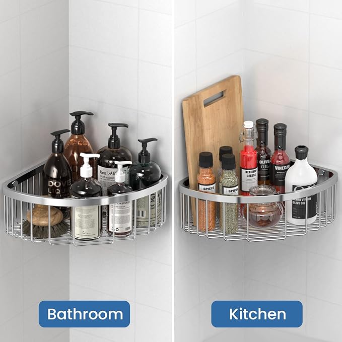 Shower Basket Brushed Stainless Shower Corner Shelf, 304 Caddy Stainless Steel Rustproof, Organizer Wall Mounted Basket(Inclu