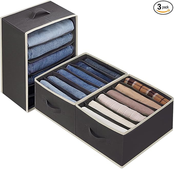 3 Pcs Large Size Wardrobe Clothes Organizers 6 Grids for Pants, Jeans, Sweater, T-shirt, Dress Stackable Closet Drawer Organi