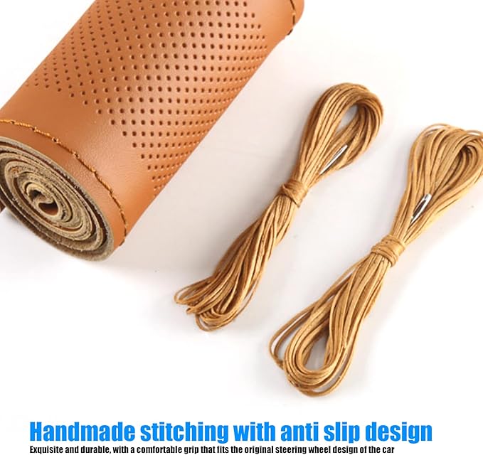 Pack-1 Leather Steering Wheel Cover, Universal Non-Slip Stitch On Wrap, DIY Car Wheel Cover Protector with Needle and Thread 