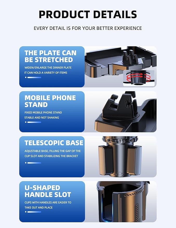 Car Cup Holder Tray, 10 Inch 4-in-1 Cup Holder Tray, 360° Rotating Drink Holder Expander with Detachable Food Tray & Phone Ho