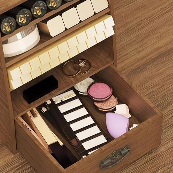Makeup Organiser Storage Wood Makeup Organizer Box, Lipsticks Holder Rack, with Drawer and Tabletop for Storing Palettes, Bru