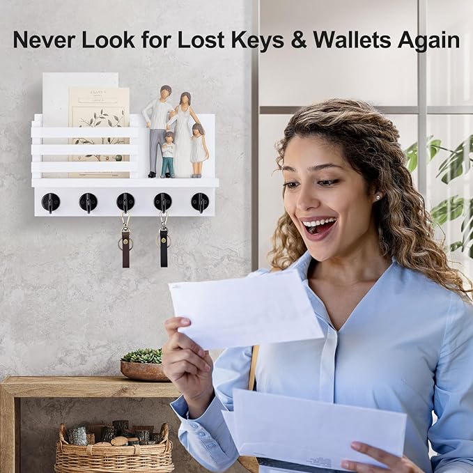 Lwenki Key Holder for Wall – Decorative Wooden Mail Holder and Key Shelf with Mounting Hardware, Installation Guide – Paulown