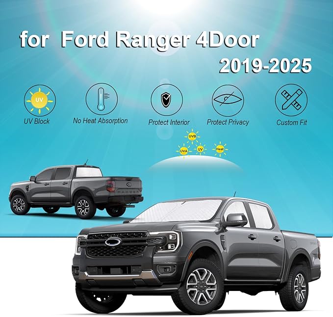 KMF 6pcs Thicken Sun Shade for Ford Ranger 4Door 2019-2025 Accessories, Full Car Window Covers Sunshade for Windshield Side Rear, UV Block and Privacy Blackout for Camping Outdoor