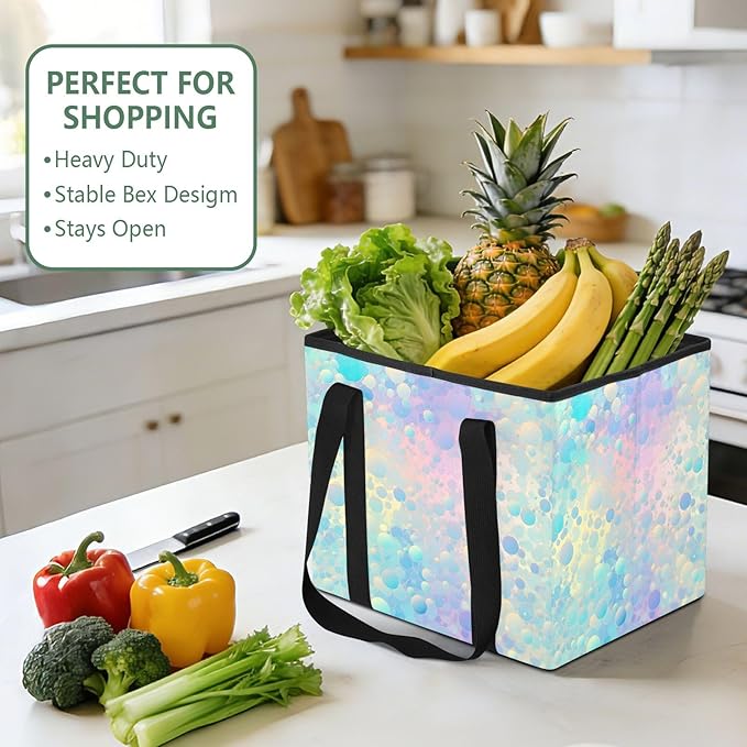 Pastel Rainbow Reusable Grocery Bags Large Shopping Tote Bag with Reinforced Bottom Board, Water Resistant Foldable Storage B
