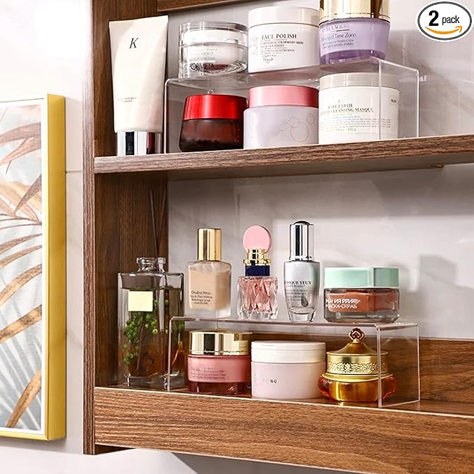 2 Pack Acrylic Medicine Cabinet Organizer, Narrow Bathroom Mirrior Cabinet Storage Shleves, Clear Acrylic Risers for Vanity, 