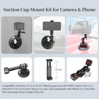 CNC Machined 4.5in Suction Cup Camera Mount with Ball Head Magic Arm, 1/4" ARRI Holes, Quick Release Car Mount with Phone Holder&Action Camera Adapter Compatible with DJI OSMO Pocket3 Insta360 iPhone
