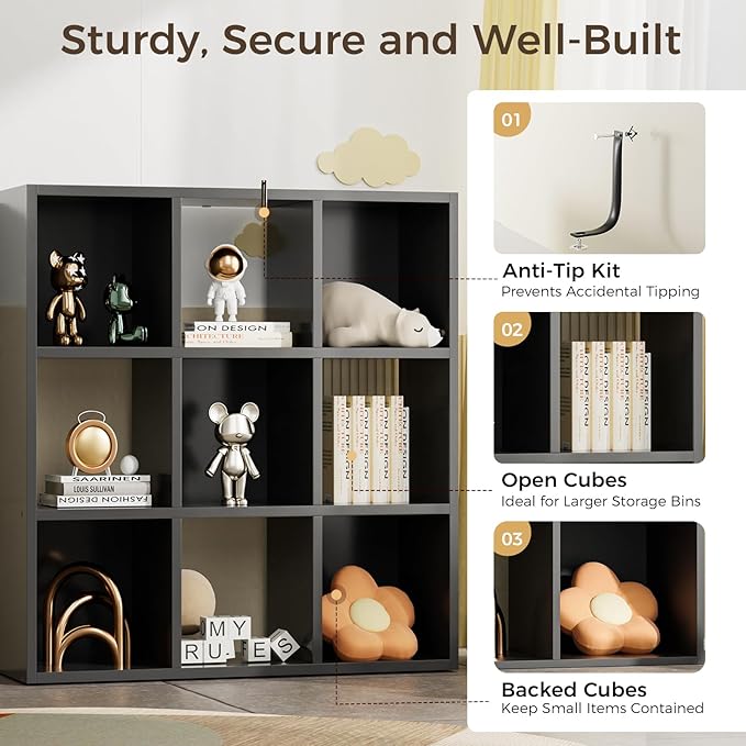 COMHOMA 9 Wood Cube Storage Organizer with Open Back and Removable Back Panels, 11In Black Cube Storage Bookshelf, Cubicle Sh