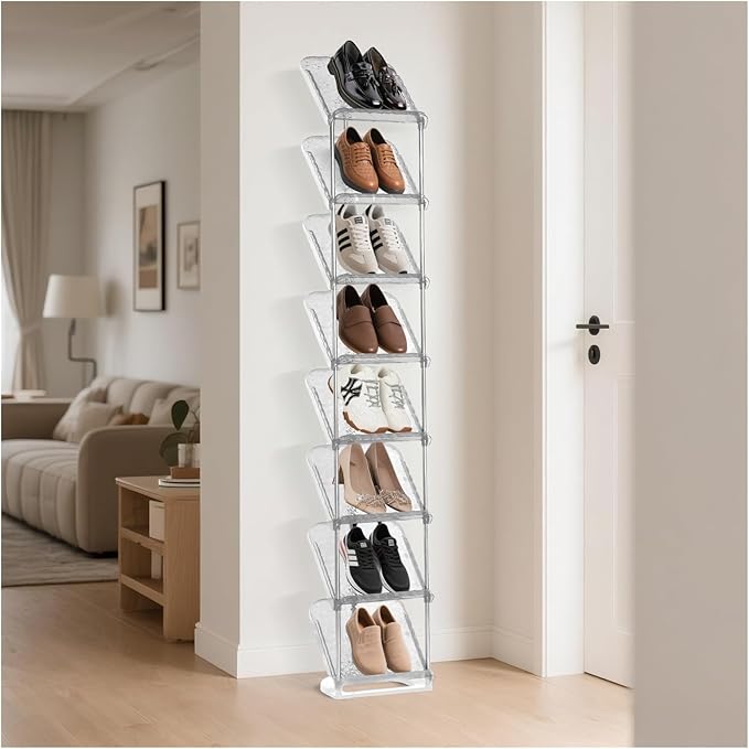 SMILHELTD Vertical Shoe Rack 8 Tiers Narrow Clear Sneaker Storage Holder Luxurious Slim Tall Organizer Space Saving Shelf for
