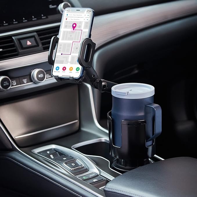 This Hill Car Cup Holder Expander Adjustable Base with Phone Mount 360° Rotation Cup Holder Cell Phone Holder for Car Compati