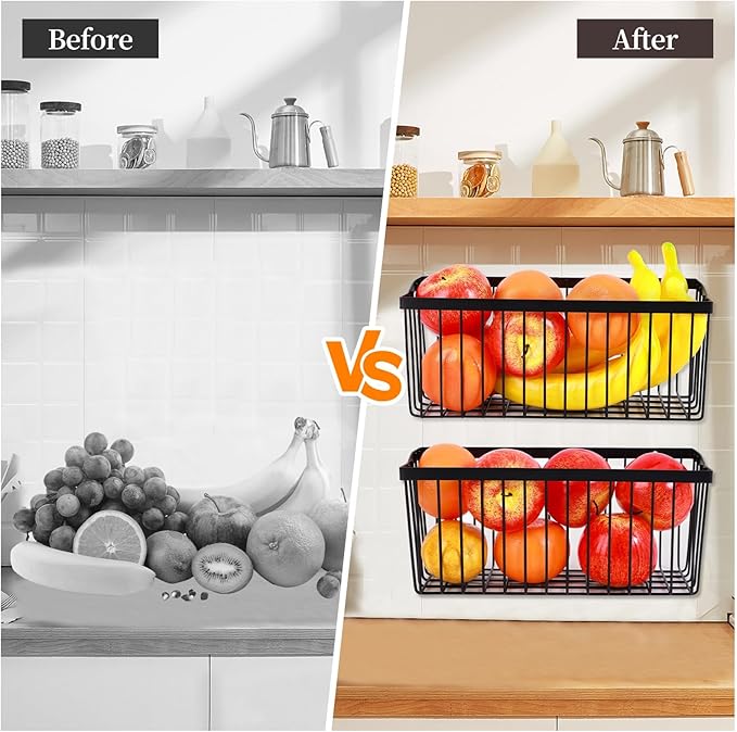 2 Pcs Fruit Basket Wire Baskets, Fruit and Veggie Storage Basket Holder for Kitchen Wall Mounted,Kitchen Organizers and Stora