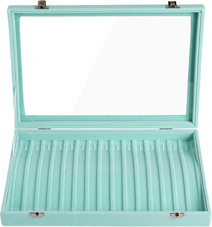 Frebeauty 15 Hooks Necklace Tray Velvet Neckalce Organizer with Clear Lid Lockable Necklace Holder Box Jewelry Organizer for 