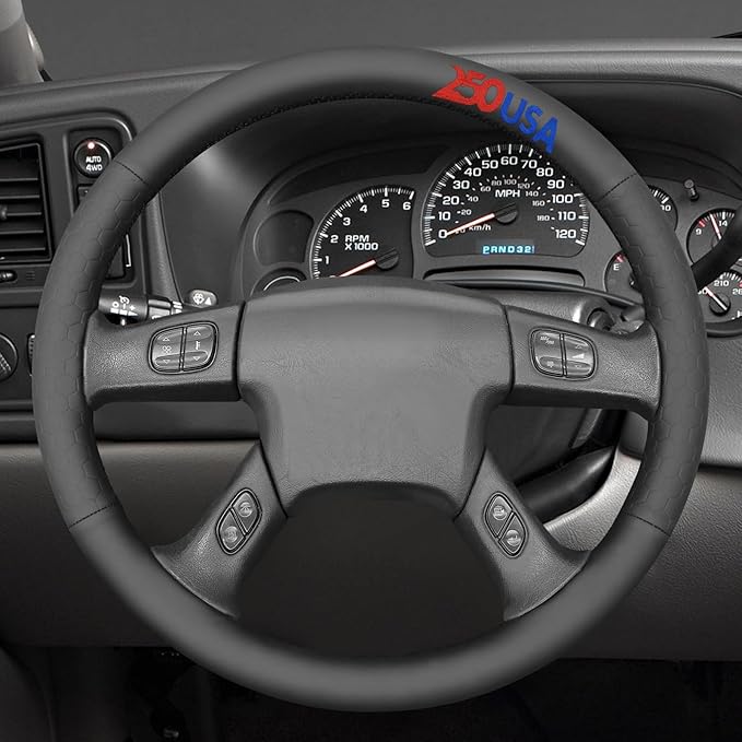MEWANT USA 250th Anniversary Embroidered Hand Stitch Steering Wheel Cover for Chevy Silverado 1500 2003-2006 1500 Classic 2007 2500HD Classic 3500 Hive Embossed Faux Leather Steering Wheel Wrap