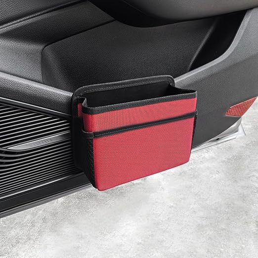 Car Trash Can, Foldable Multifunctional Hanging Storage Box Trash Can with a Roll of Garbage Bag, Multi Pocket Design Suitable for Car, Home and Office (red)