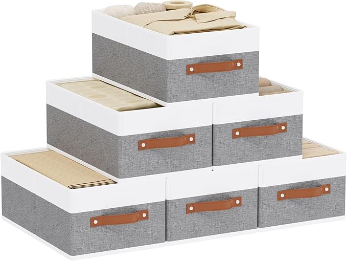 Storage Bins, 16.1 × 9.8 × 6.5 Inch Storage Cubes with Handles, Closet Organizers for Organizing Shelves, White and Grey, 6-P