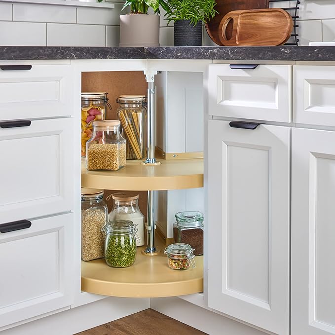 Rev-A-Shelf 2 Tier Pie-Cut Lazy Susan for Corner Base Cabinets, Plastic, 28" Double Shelf Swivel Kitchen Spice/Can Organizer,