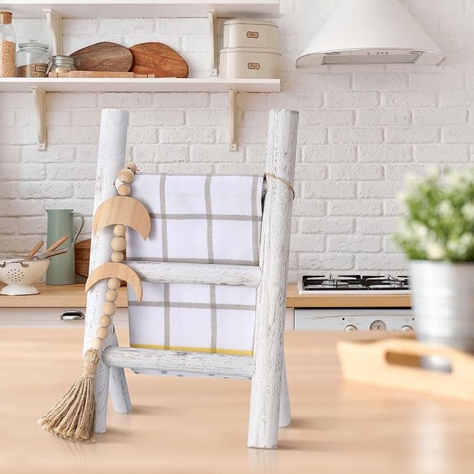 Cinnvoice 2 Pcs Wooden Tea Towel Ladder Rustic Hand Towel Stand Rack Mini Countertop Towel Stand Farmhouse Wood Counter Towel