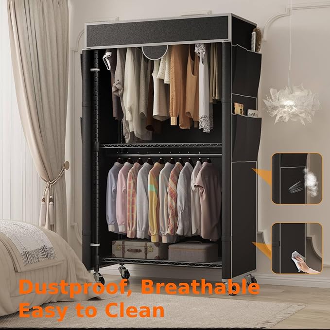 Homdox Garment Rack with Cover, Heavy Duty Clothing Rack for Hanging Clothes, Portable Closet Wardrobe, Double Rods Garment R
