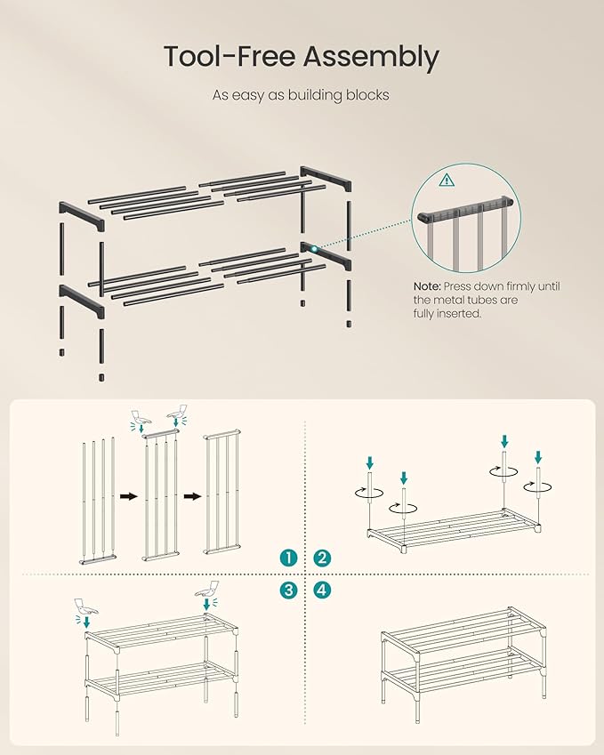 SONGMICS 2-Tier Shoe Rack for Closet, Compact Metal Shoe Organizer Shelf for Entryway, Bedroom, Small Spaces, Stackable, 11.8