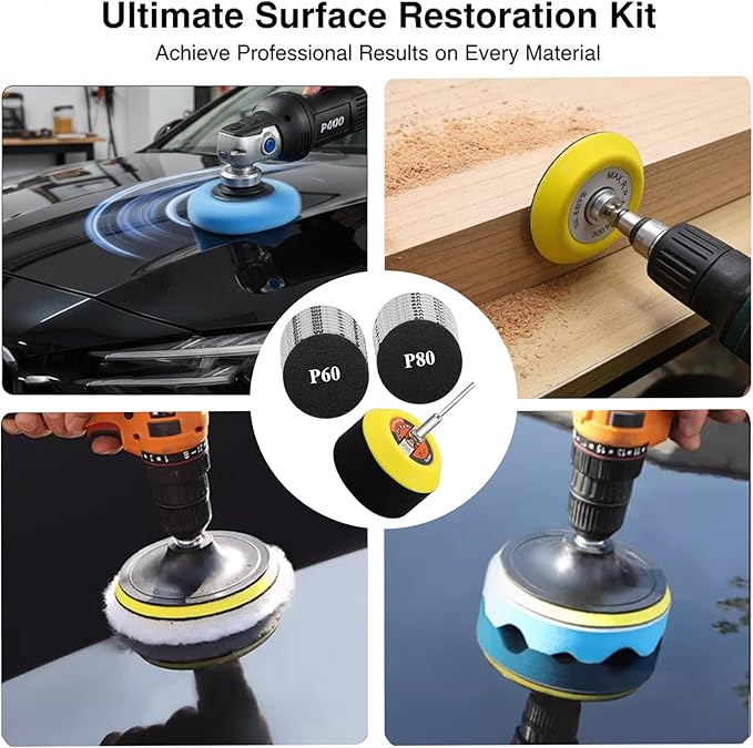 133PCS 3 Inch Sanding Discs Drill Polishing Kit,Wet-Dry 60-10000 Grit Hook-and-Loop Sandpaper,Buffing Pads Drill Sanding Attachment for Car Headlight Restoration, Metal, Wood, Resin Polishing