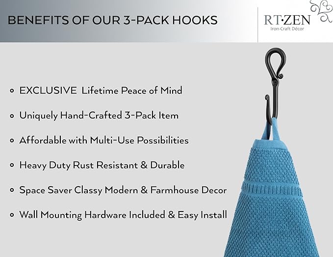 RTZEN Wall Mount Hook Set - Wrought Iron Decorative Rustic Metal Coat Hooks for Hanging - Handcrafted Classic Farmhouse Wall 